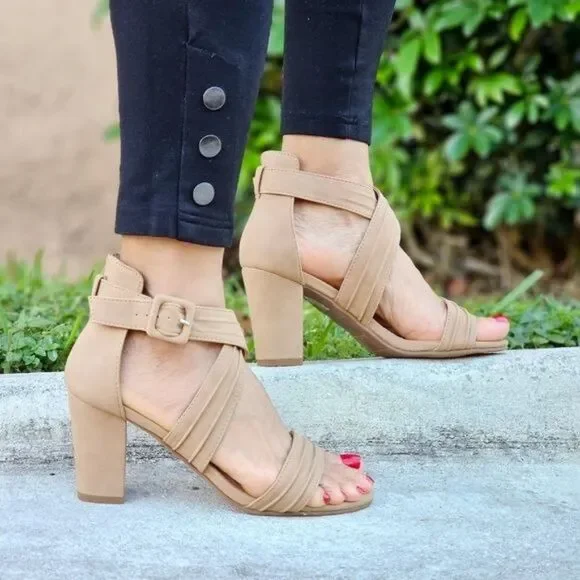 Women's Ankle Strap Block Heel Dress Sandals Natural Color - Picture 3 of 5